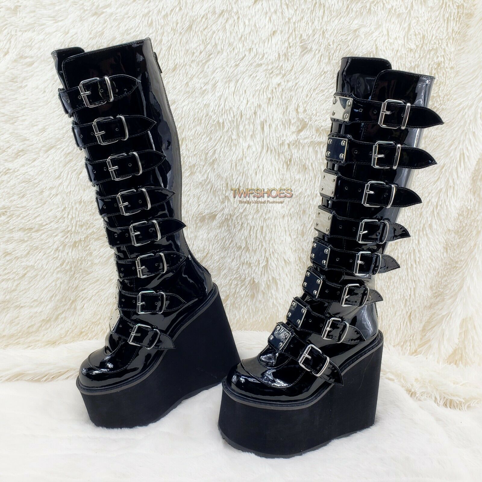 Swing 815WC Black Patent Wide Calf Goth Punk Rave Knee Boot 5.5" Platform NY - Totally Wicked Footwear