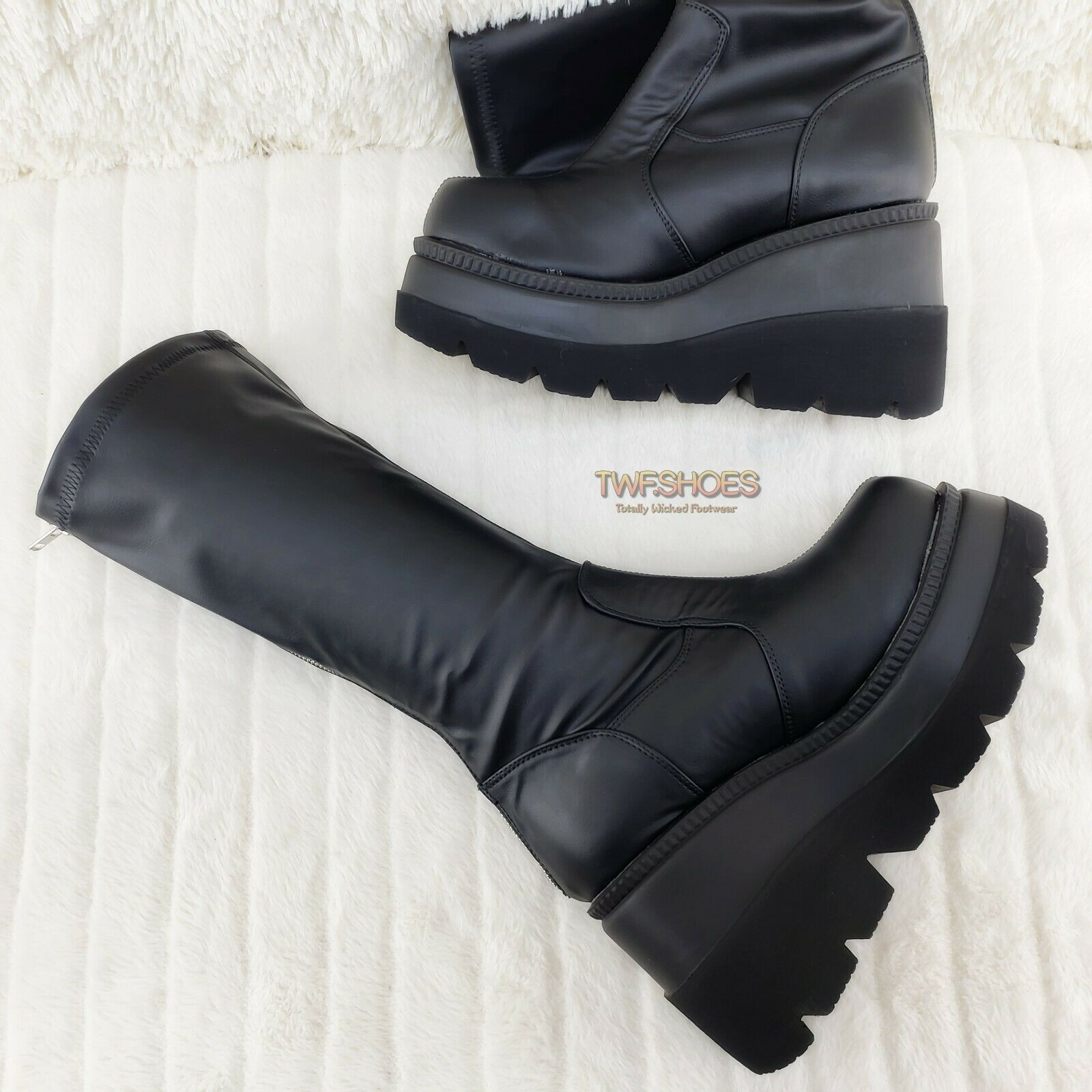 Demonia Shaker 65 Black Matte Platform 4.5" Wedge Heel Knee Boots NY - Totally Wicked Footwear