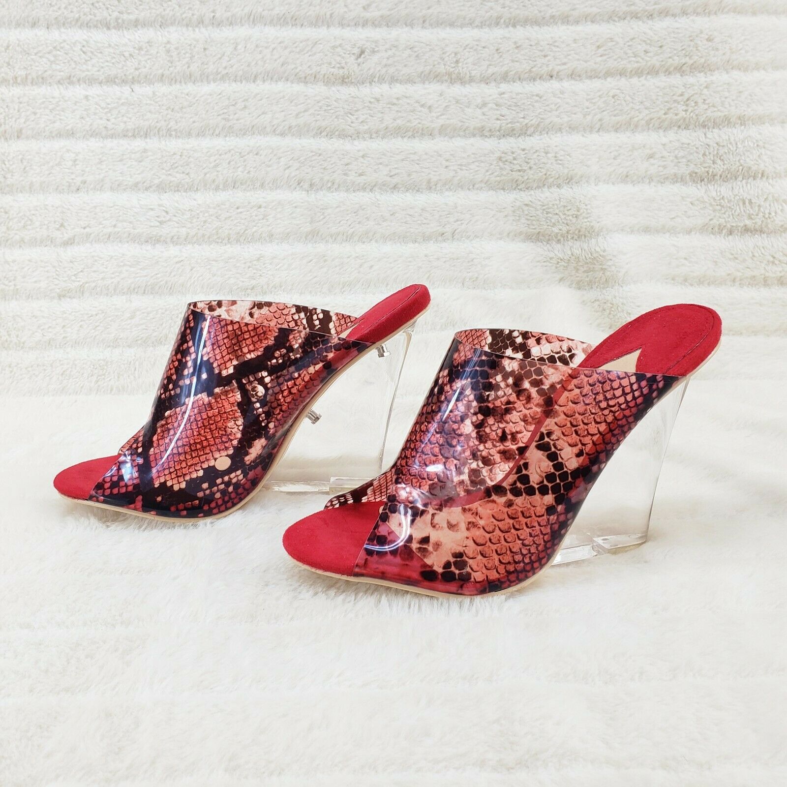 Mac J Red Transparent Snake Print Slip On Clog 5" Clear Acrylic Wedge Heels - Totally Wicked Footwear