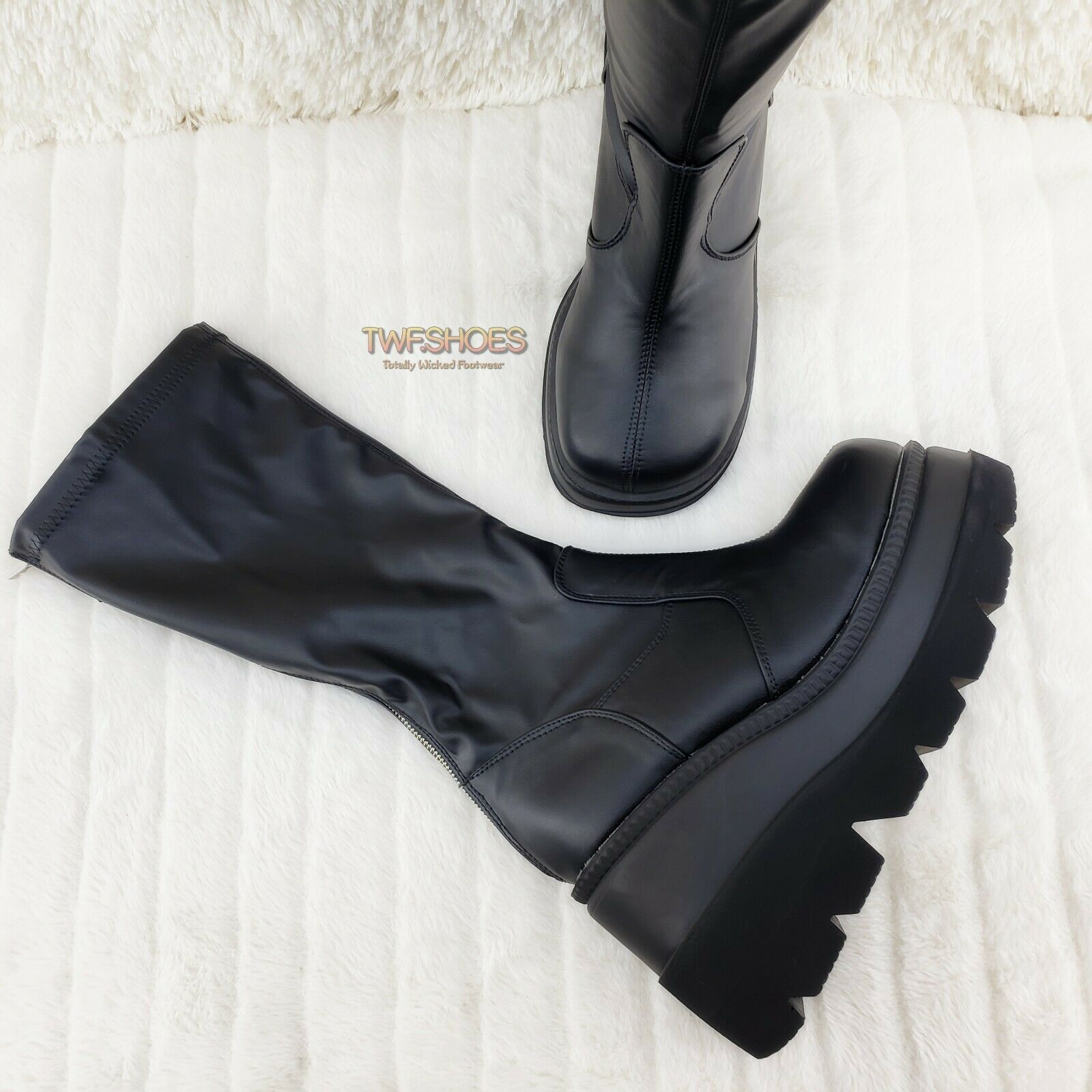 Demonia Shaker 65 Black Matte Platform 4.5" Wedge Heel Knee Boots NY - Totally Wicked Footwear