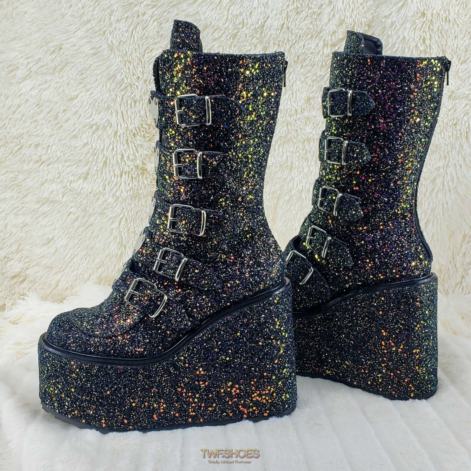 Swing 230G Black Glitter Platform Boots Heart Strap Goth Punk 6-12 Restocked NY - Totally Wicked Footwear