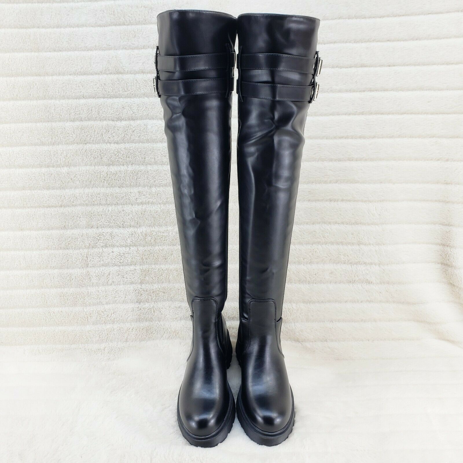 Techno Baby Black Leatherette Spandex Stretch Panel Lug Sole Thigh High Boots - Totally Wicked Footwear