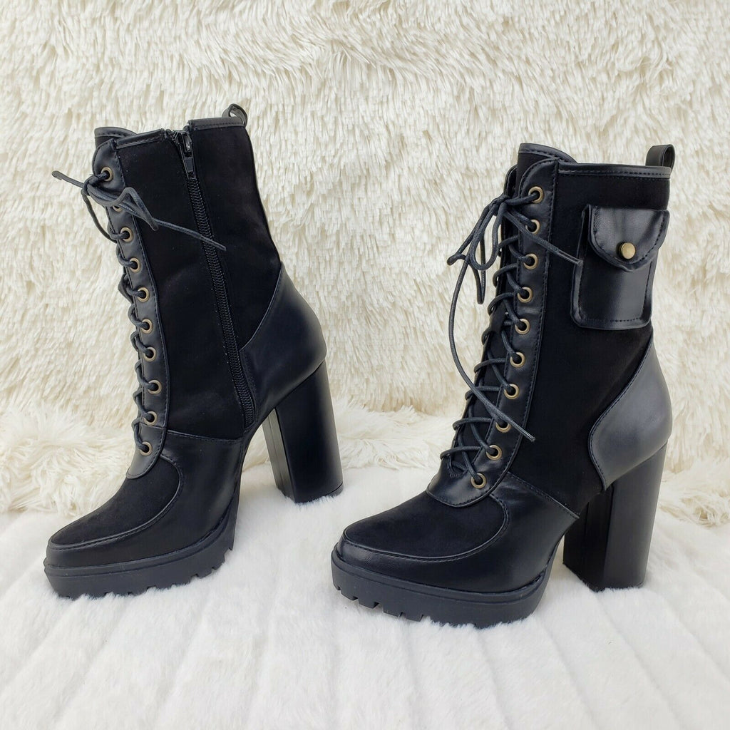Fashion Ave Chunky Lug Sole Platform Ankle Boots Black False