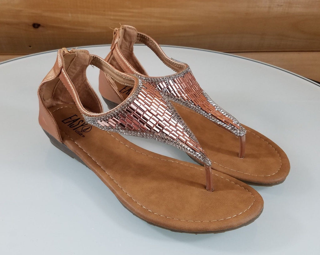 Easy USA Rose Gold Rhinestone Flat Thong Sandal Shoes Closed Back Zipper - Totally Wicked Footwear