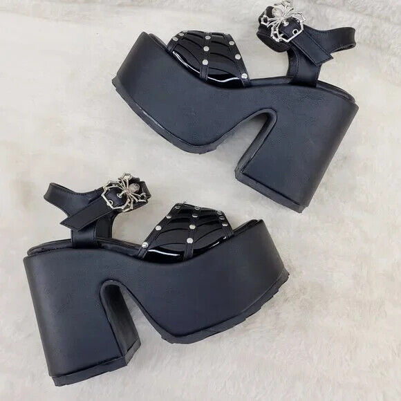 Demonia 17 Camel Stacked Black Spider Web Platform Sandals Goth Punk 6-12 NY - Totally Wicked Footwear