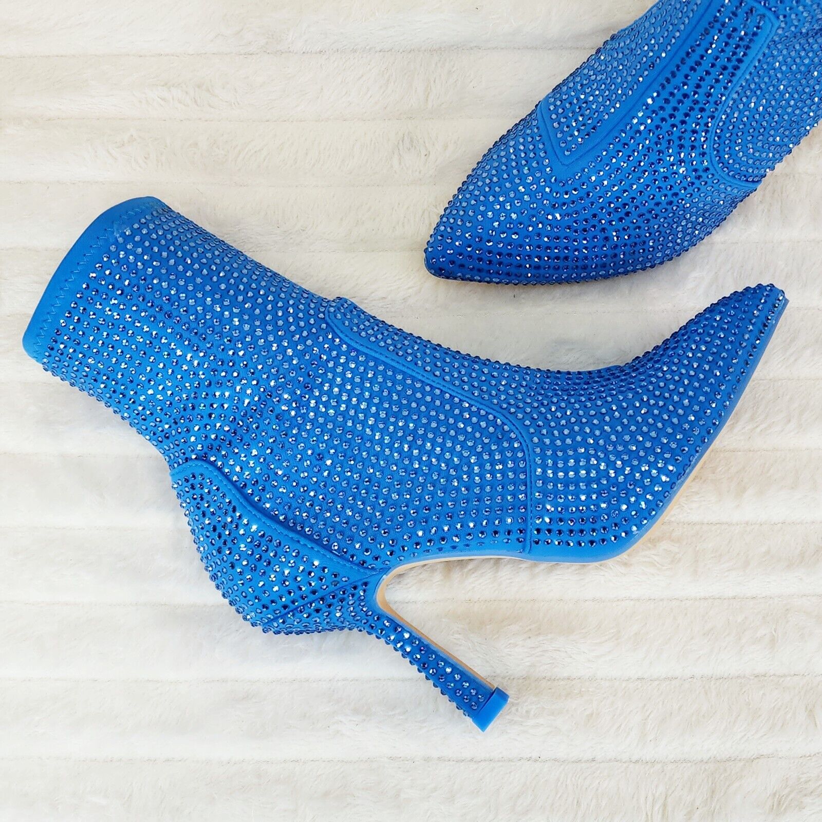 Stunning Bright Blue Stretch Rhinestone Ankle Boots 3.5" Heels New - Totally Wicked Footwear