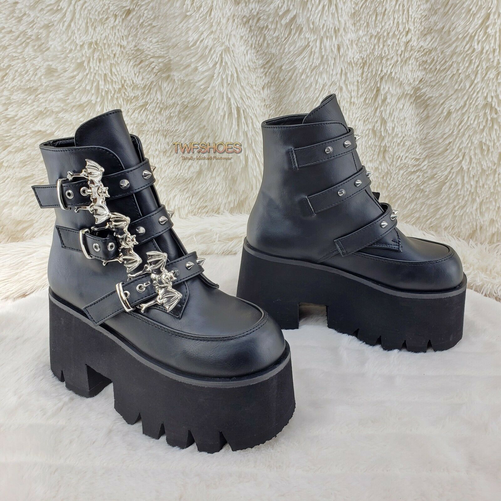 Demonia Ashes 55 Black Bat Buckle 3.5" Platform Heel Goth Boots RESTOCKED NY - Totally Wicked Footwear
