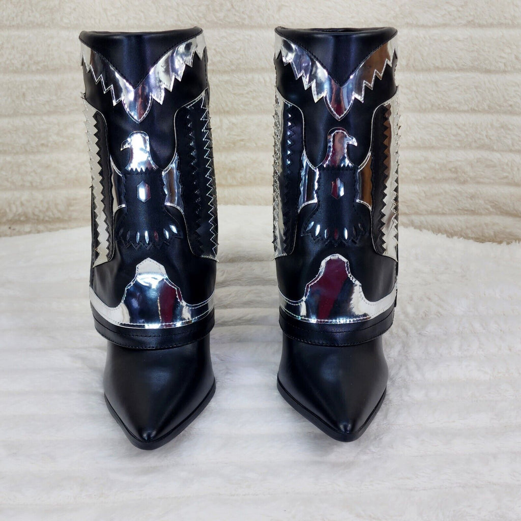 South Western Flare Black & Silver Skirted Fold Over Western Cowgirl Boots - Totally Wicked Footwear