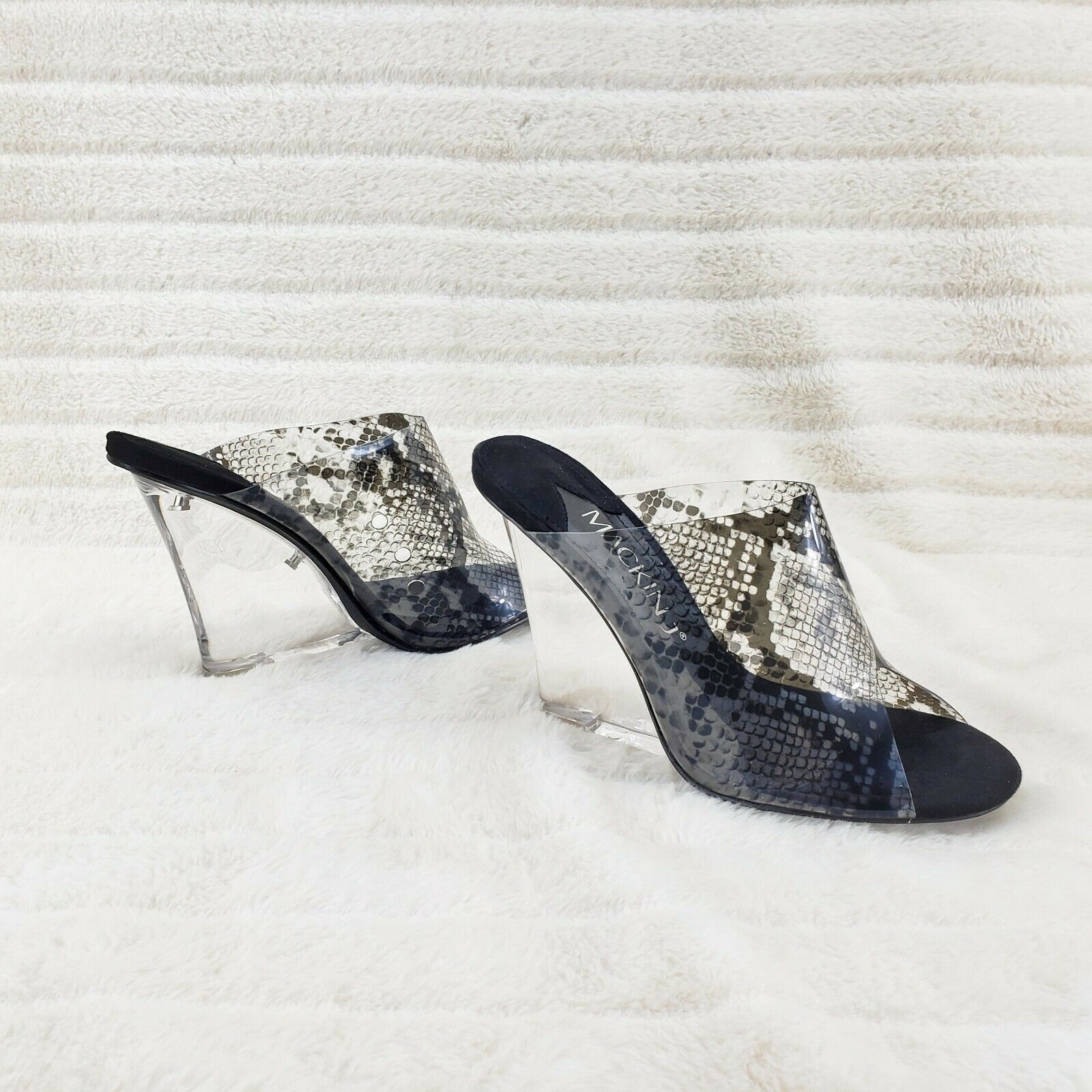 Mac J Black Transparent Snake Print Slip On Clog 5" Clear Acrylic Wedge Heels - Totally Wicked Footwear