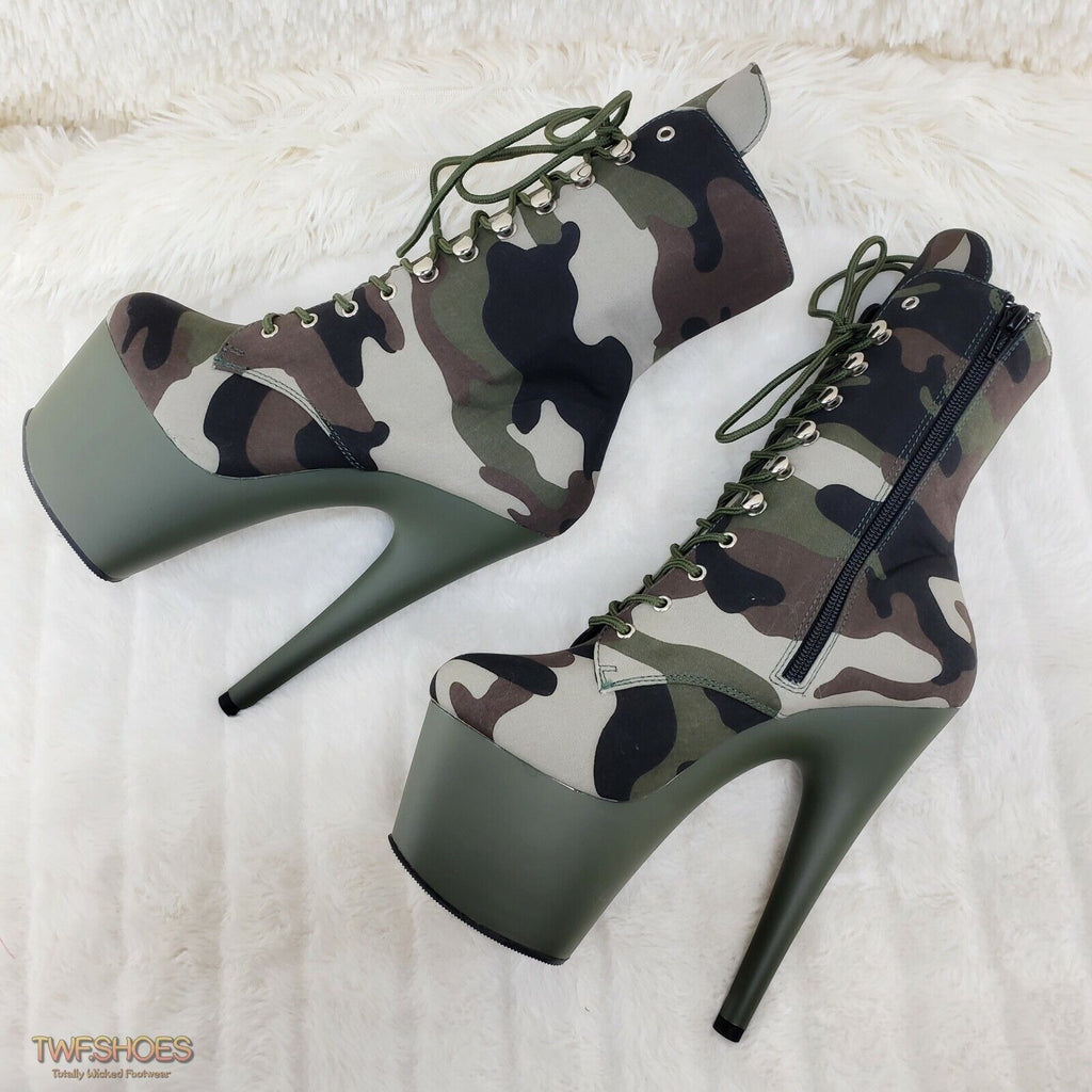 Adore 1020 Green Camo Olive Platform 7" High Heel Lace Up Ankle Boots 7 - 12 NY - Totally Wicked Footwear