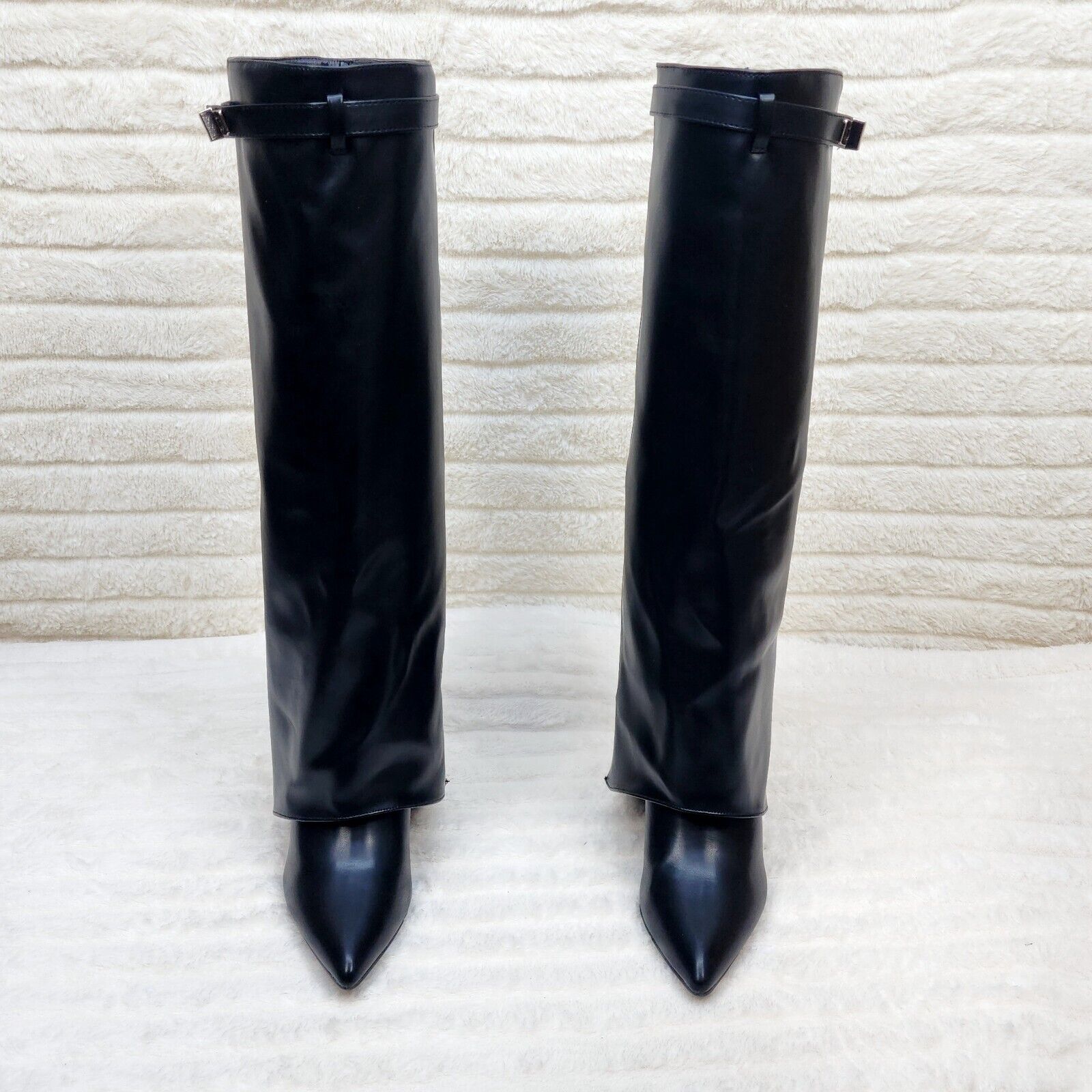 Paris Black Skirted Fold Over 3.5" Block Heel Knee High Boots - Totally Wicked Footwear