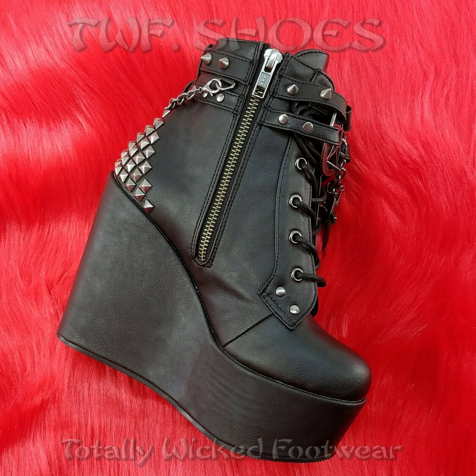 Poison 101 Charm Chain 5" Wedge Heel Goth Ankle Boots US Women Sizes 6-12 NY - Totally Wicked Footwear