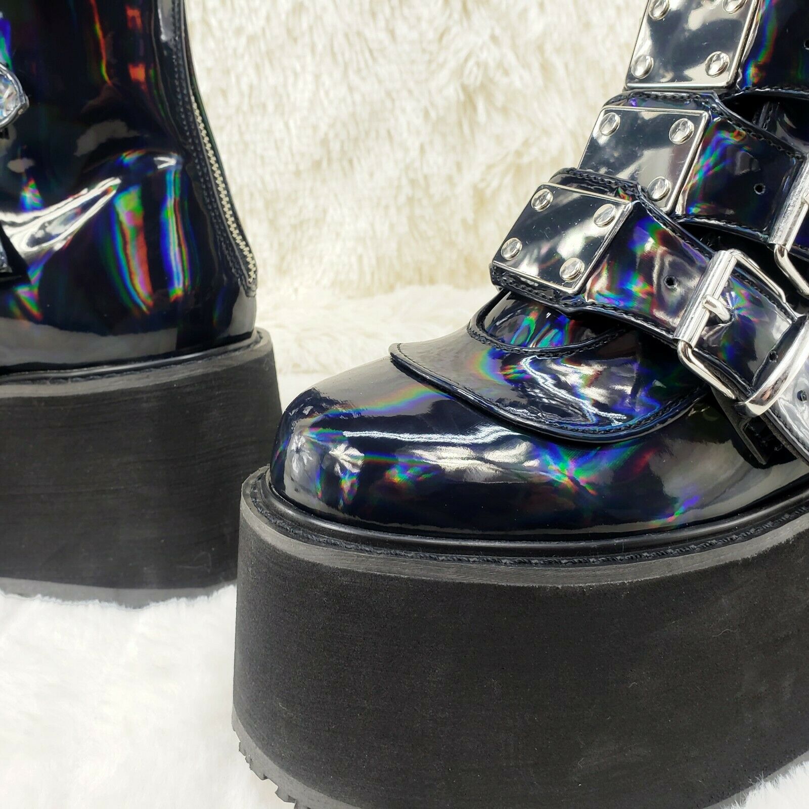 Damned 318 Multi Strap Goth Punk 3.5" Platform Boot Black Patent Restocked NY - Totally Wicked Footwear