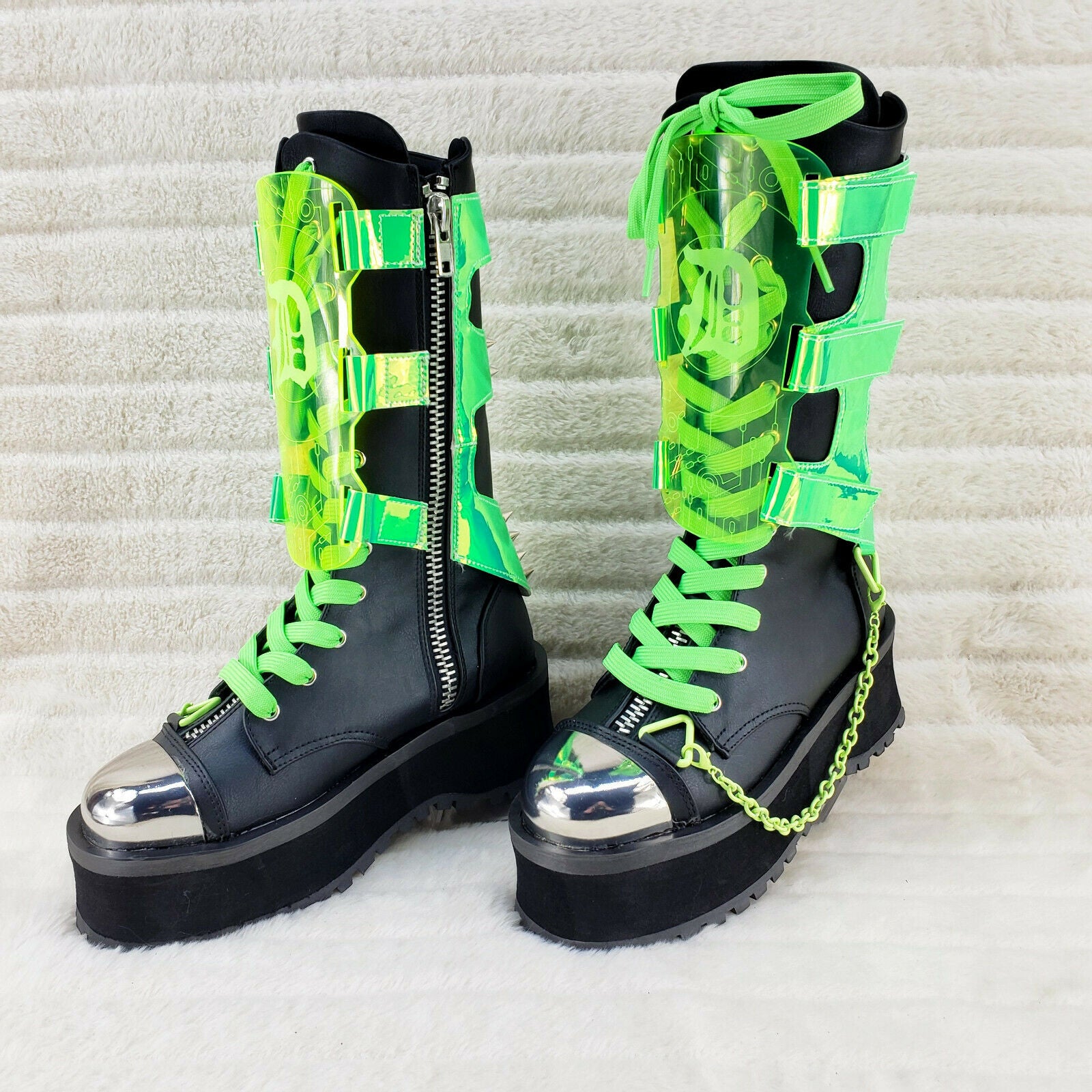 GraveDigger 255 Neon Green Shin Gaurd Mid Calf Boots Men Sizes NY IN HOUSE - Totally Wicked Footwear