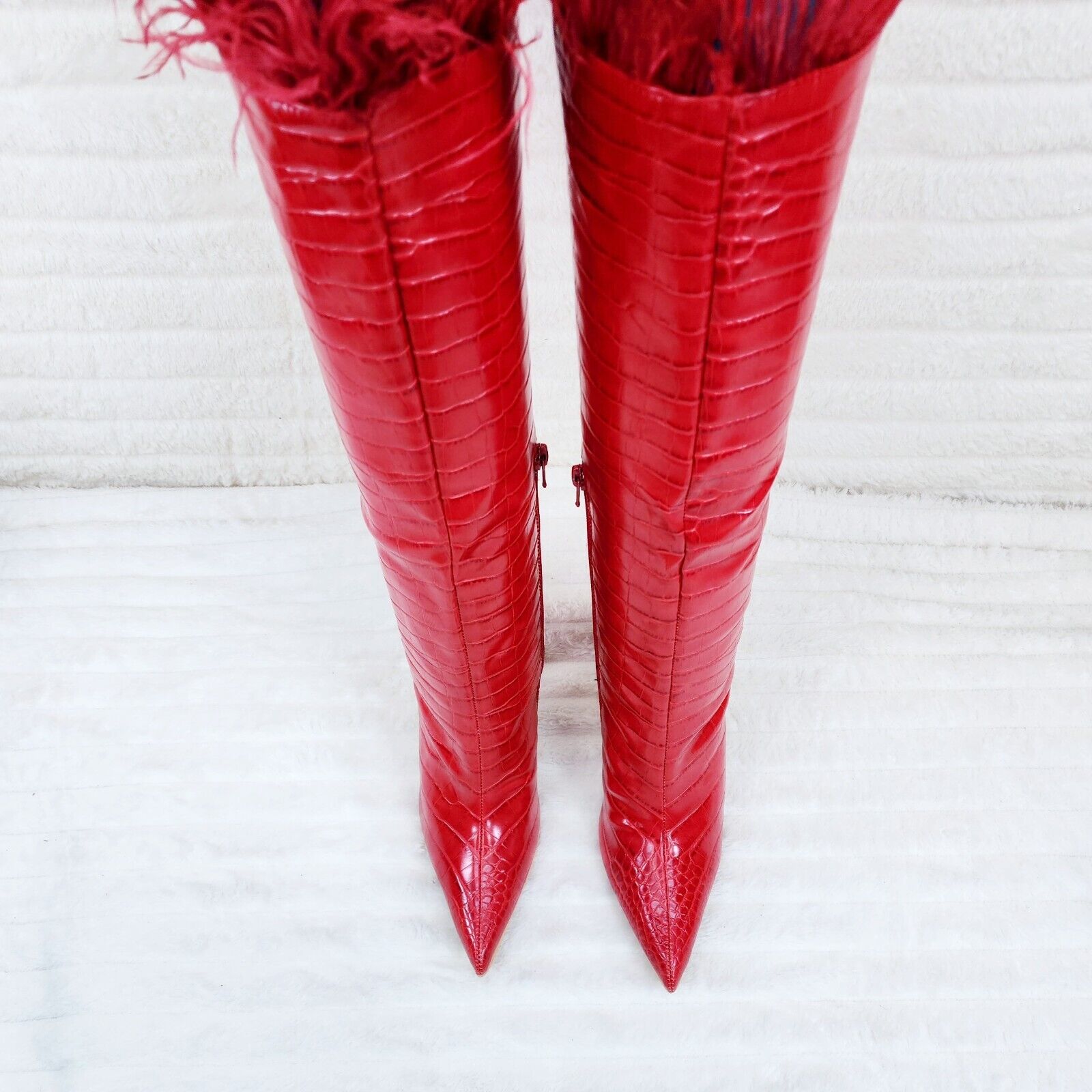 Flirty Red Snake Texture Knee High Heel Stiletto Boots Sexy Feather Top - Totally Wicked Footwear