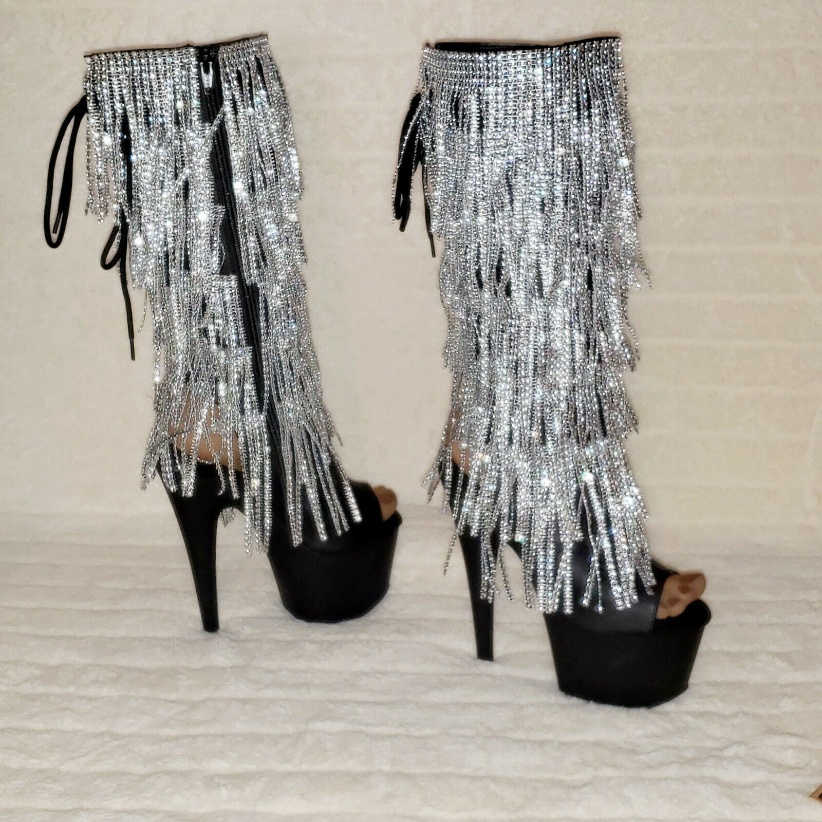 Adore 2024 Silver Fringe Black Platform 7" High Heel Fringe Knee Boots NY - Totally Wicked Footwear