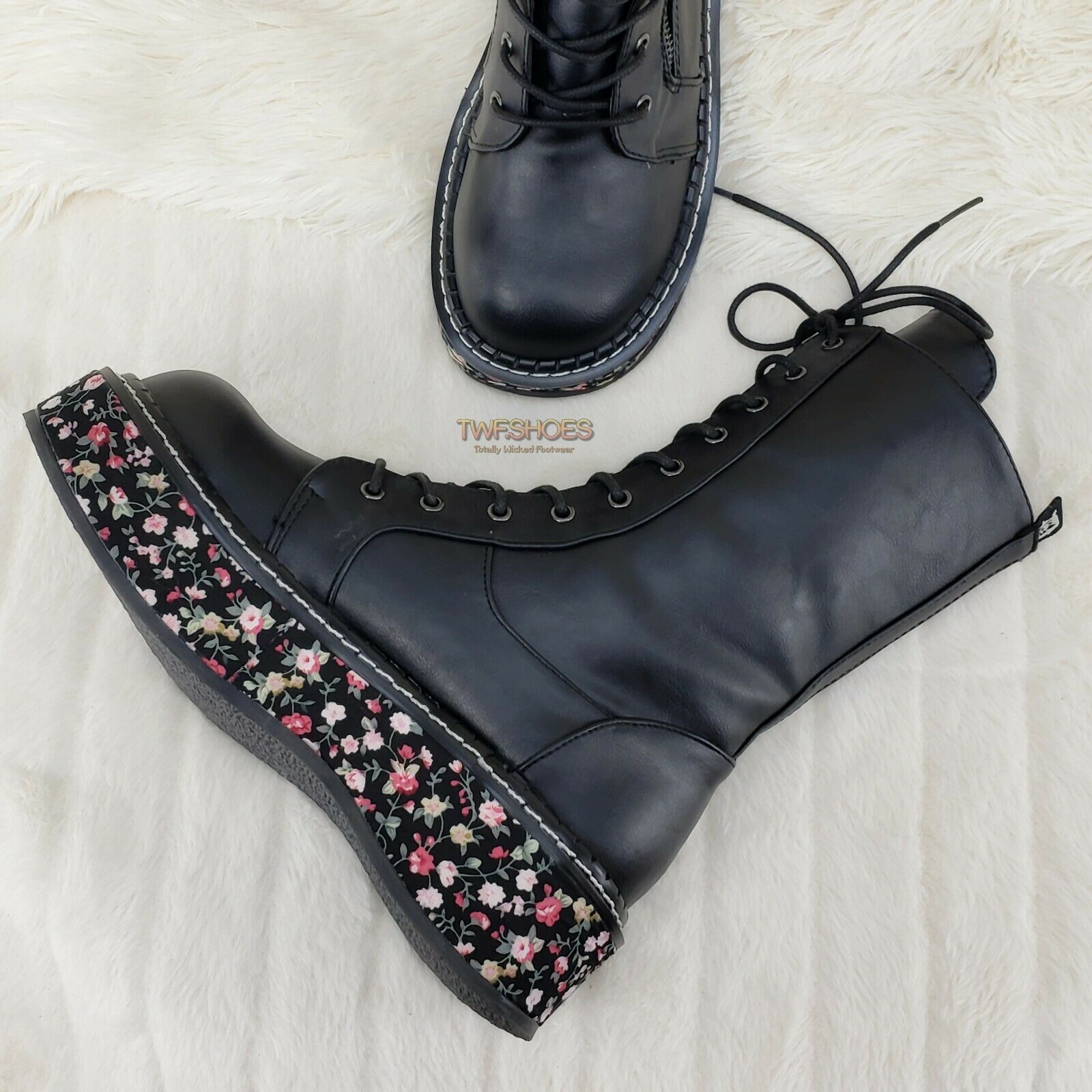 Demonia Emily 350 Black Matte Floral 2" Platform Combat Boots Restocked NY - Totally Wicked Footwear