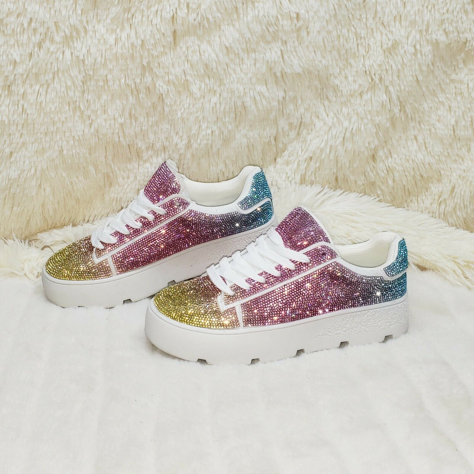 CR Diamond Queen Pastel Ombre Rhinestone Lace Up Platform Bling Sneakers - Totally Wicked Footwear
