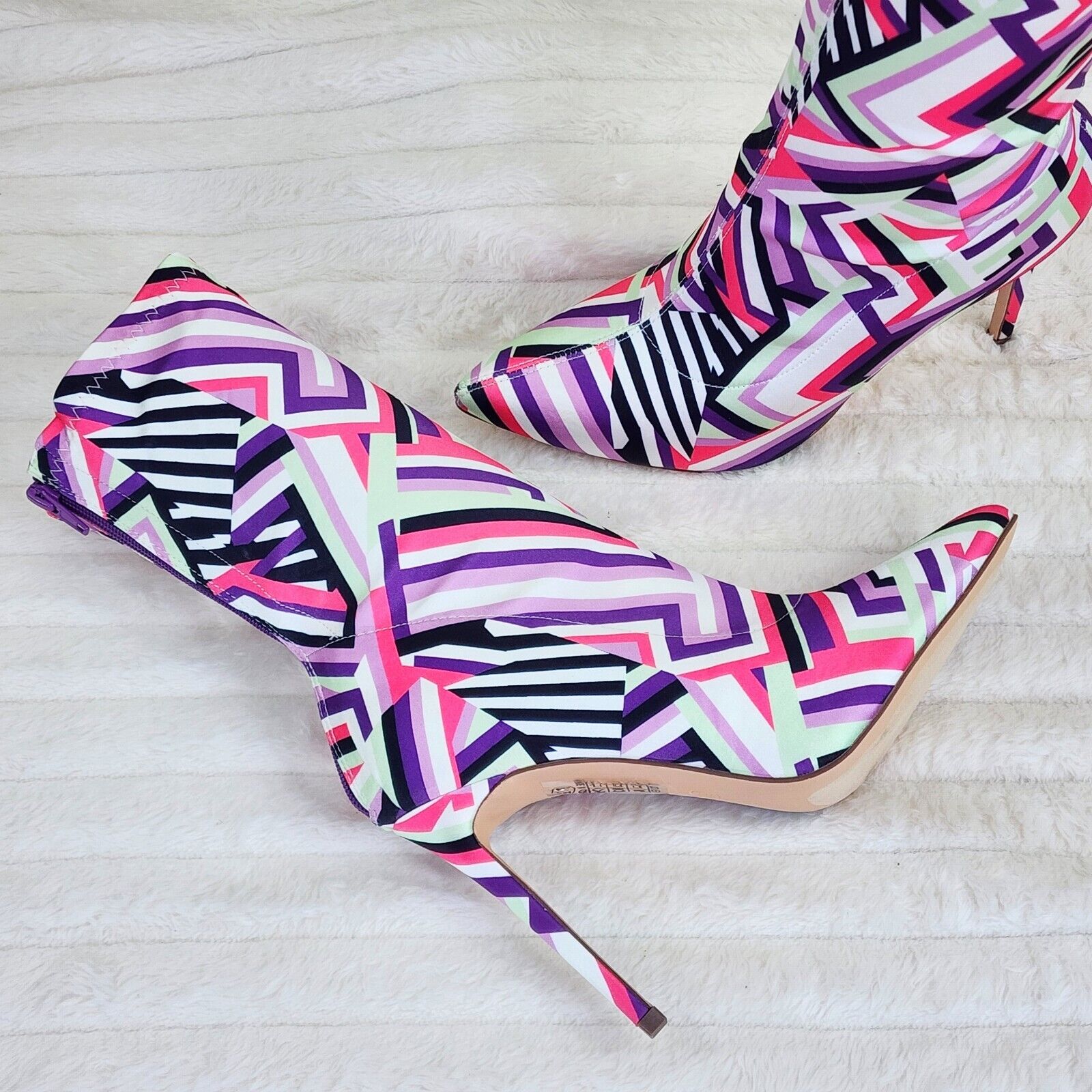 Odin Crazy Wild Color Pattern High Heel Stretch Fabric Ankle Boots - Purple Pink - Totally Wicked Footwear
