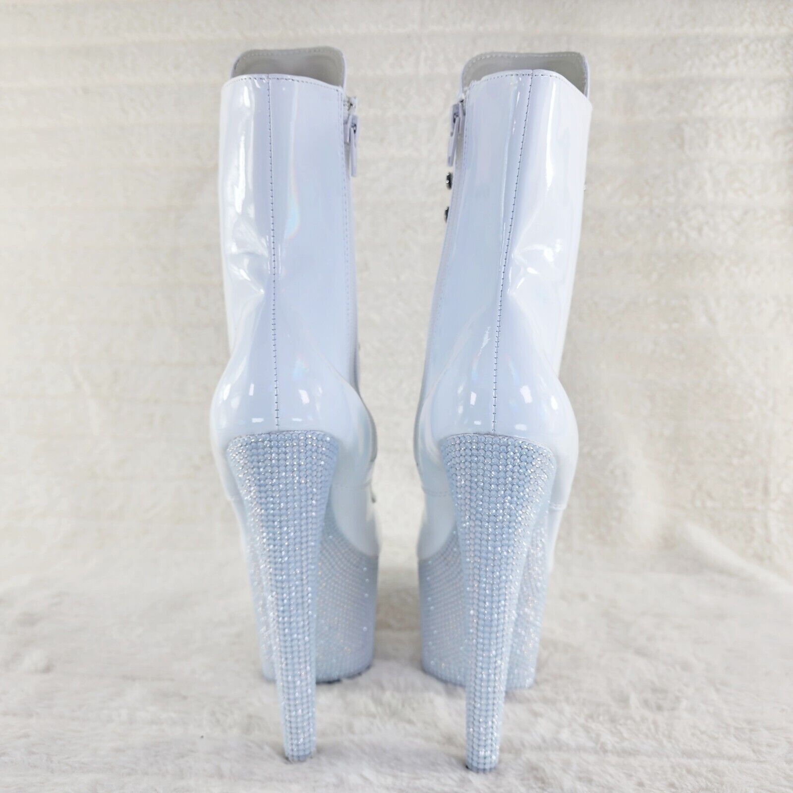 Bejeweled White Rhinestone Platform Lace Up Ankle Boots 7" High Heels IN HOUSE - Totally Wicked Footwear