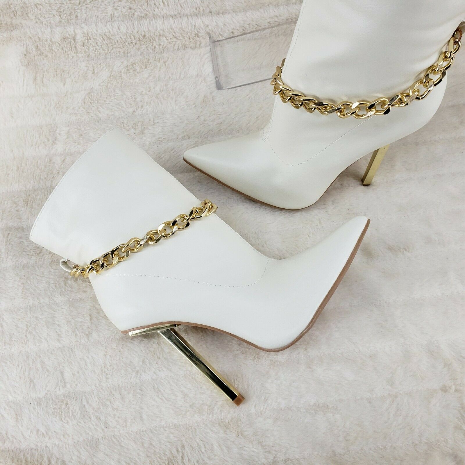 Venomous White Pointy Toe Spike Stiletto Heel Ankle Boots Gold Tone Chain - Totally Wicked Footwear