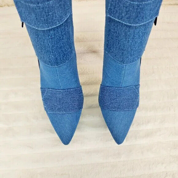 Kinder Pointy Toe Platform Stiletto Heel Ankle Boots Denim Patchwork - Totally Wicked Footwear
