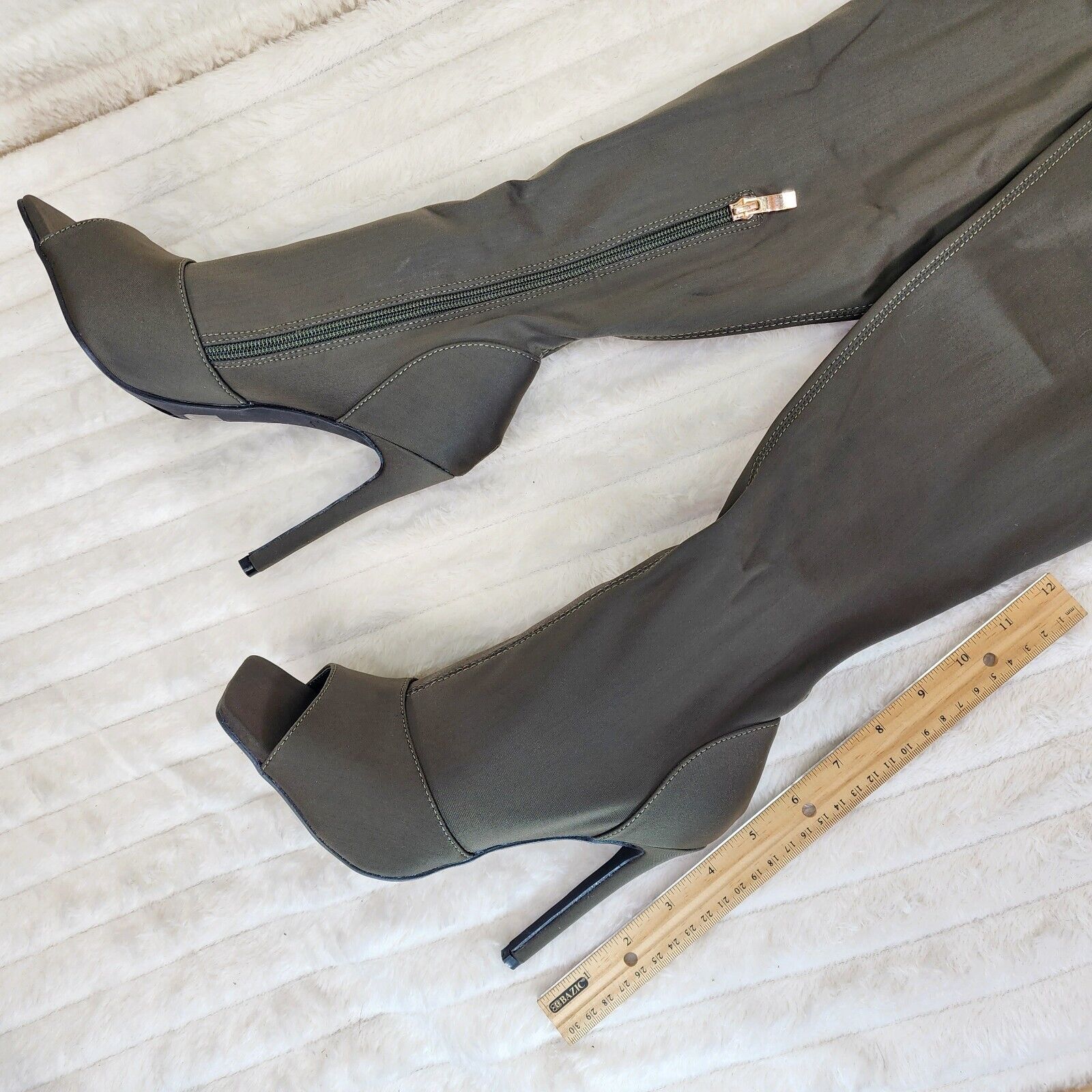 Vicky Olive Army Green Open Square Toe Stretch Thigh High Heel Boots - Totally Wicked Footwear