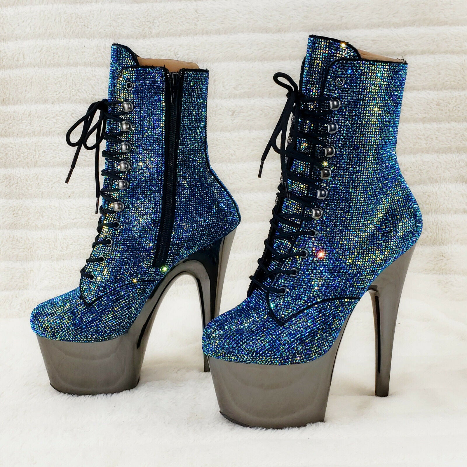 Adore 1020CHRS Teal Pewter Rhinestone 7" High Heel Platform Ankle Boots NY - Totally Wicked Footwear