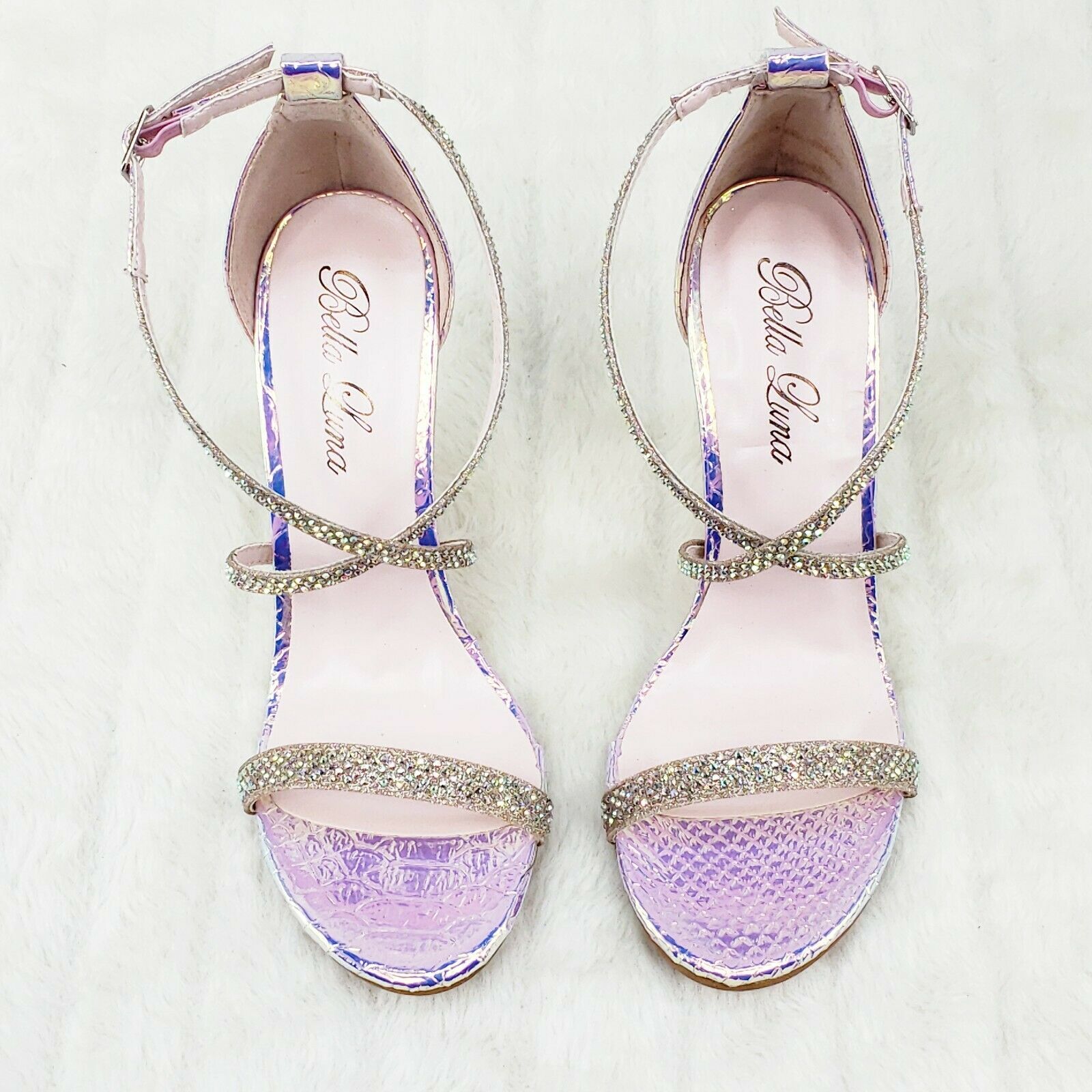 Lisa Pink Snake Hologram Cross Strap Jeweled 4" High Heel Sandals Shoes 6-10 - Totally Wicked Footwear