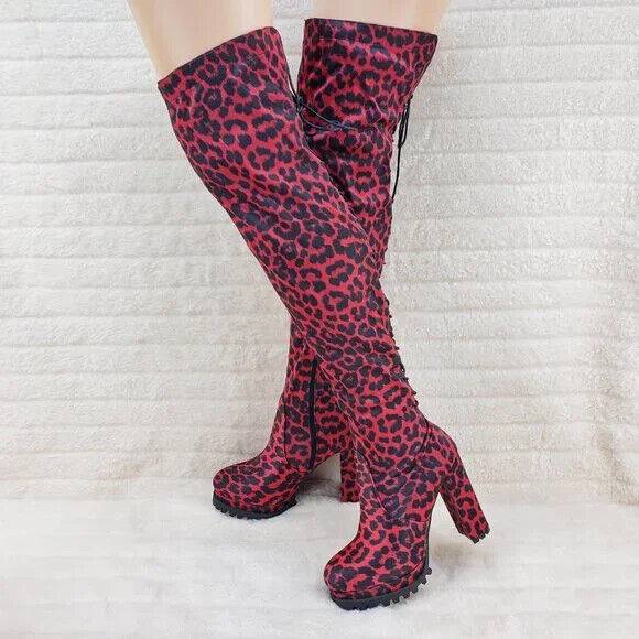 Fever Red Leopard Stretch Lace Up Back OTK Chunky Heel Boots Lug Sole - Totally Wicked Footwear