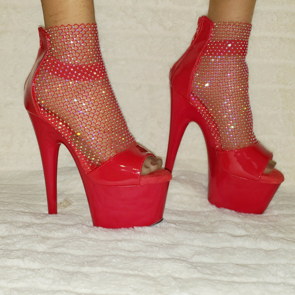 Adore 765RM Red Rhinestone Mesh Platform Sandals 7" High Heel Shoes NY - Totally Wicked Footwear