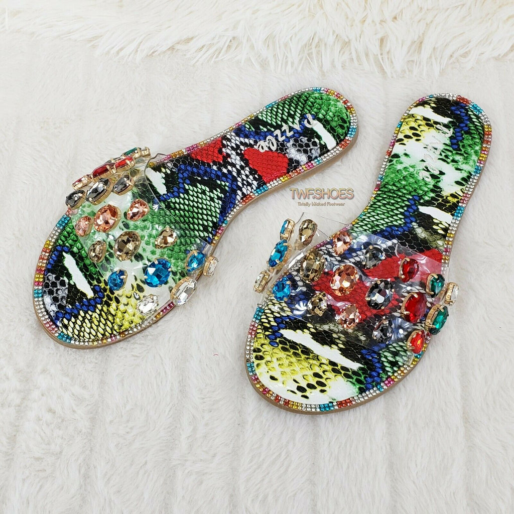 Bella Luna Colorful Rhinestone Flat Summer Sandals Metallic Snake Isabella 05 - Totally Wicked Footwear