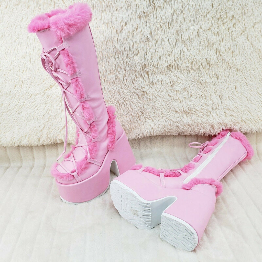 Demonia 311 Camel Stacked Pink Mammoth Platform Goth Punk Go Go Knee Boots NY - Totally Wicked Footwear