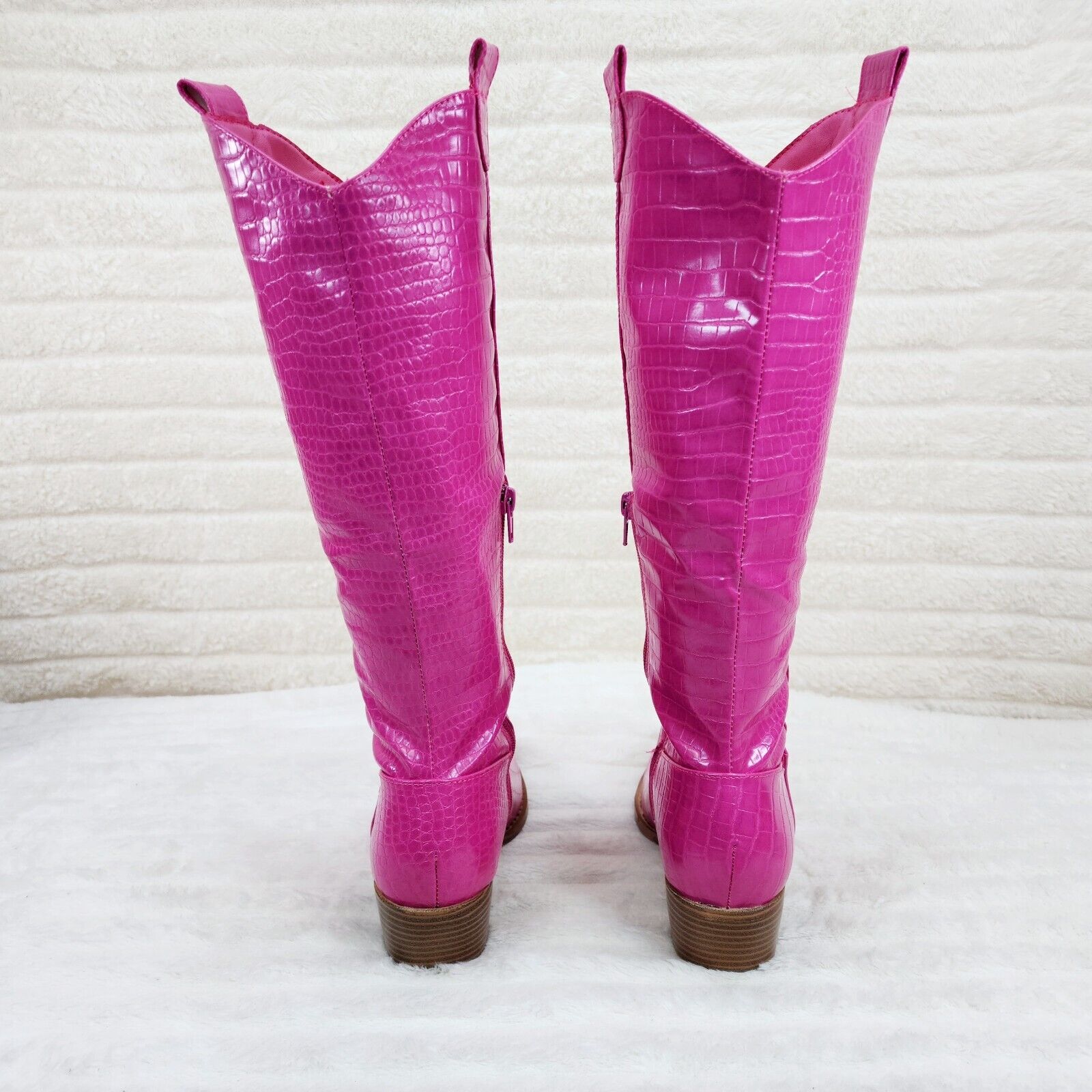 Sissy Fuchsia Pink Snake Texture Western Knee High 2" Heel Cowgirl Boots - Totally Wicked Footwear