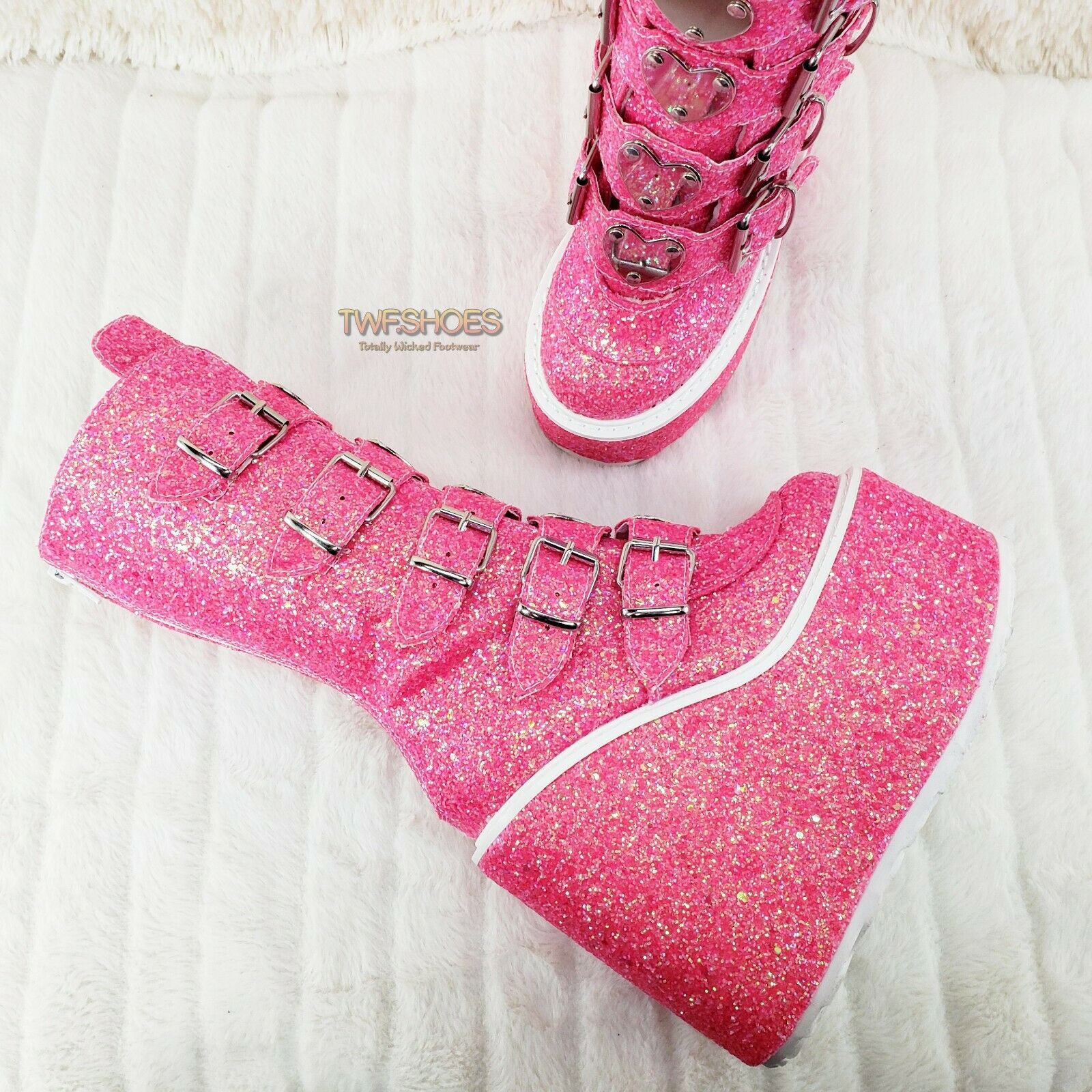 Swing 230G Pink Glitter Boot 5.5" Platform Heart Strap Goth Boots 6 -11  NY - Totally Wicked Footwear