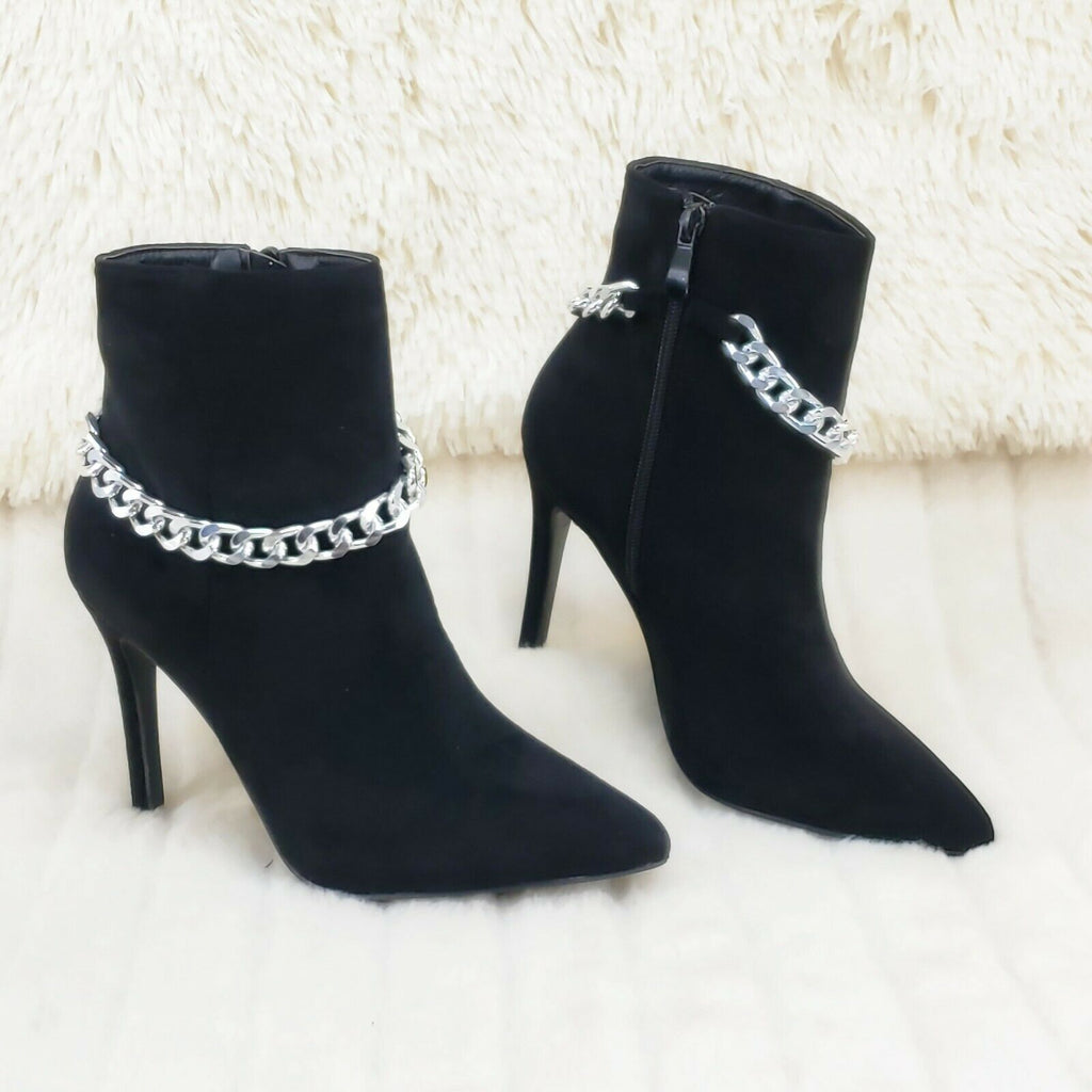 Mata Black FX Suede & Chain Sexy Pointy Toe 4" Stiletto High Heel Ankle Boots - Totally Wicked Footwear