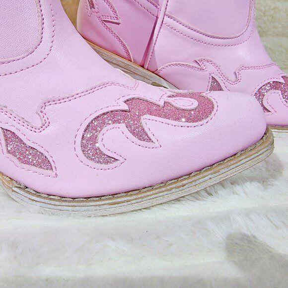 Dazzle Darlings Baby Pink Glitter Inset Cowboy Cowgirl Pull On Mid Calf Boots - Totally Wicked Footwear