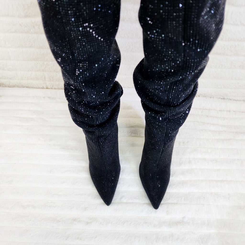 Radiant Black Rhinestone High Heel Stiletto Slouch Knee High Boots - Totally Wicked Footwear
