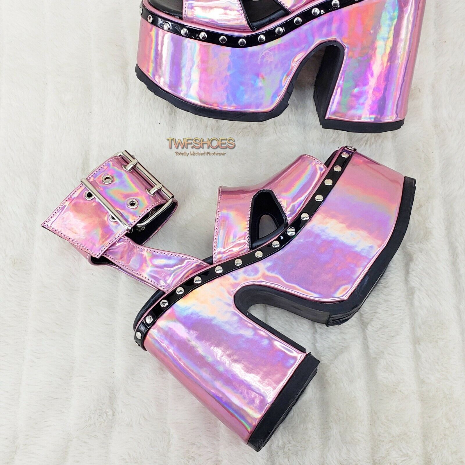Demonia 102 Camel Stacked Pink Hologram Platform Sandals Goth Punk 6-12 NY - Totally Wicked Footwear