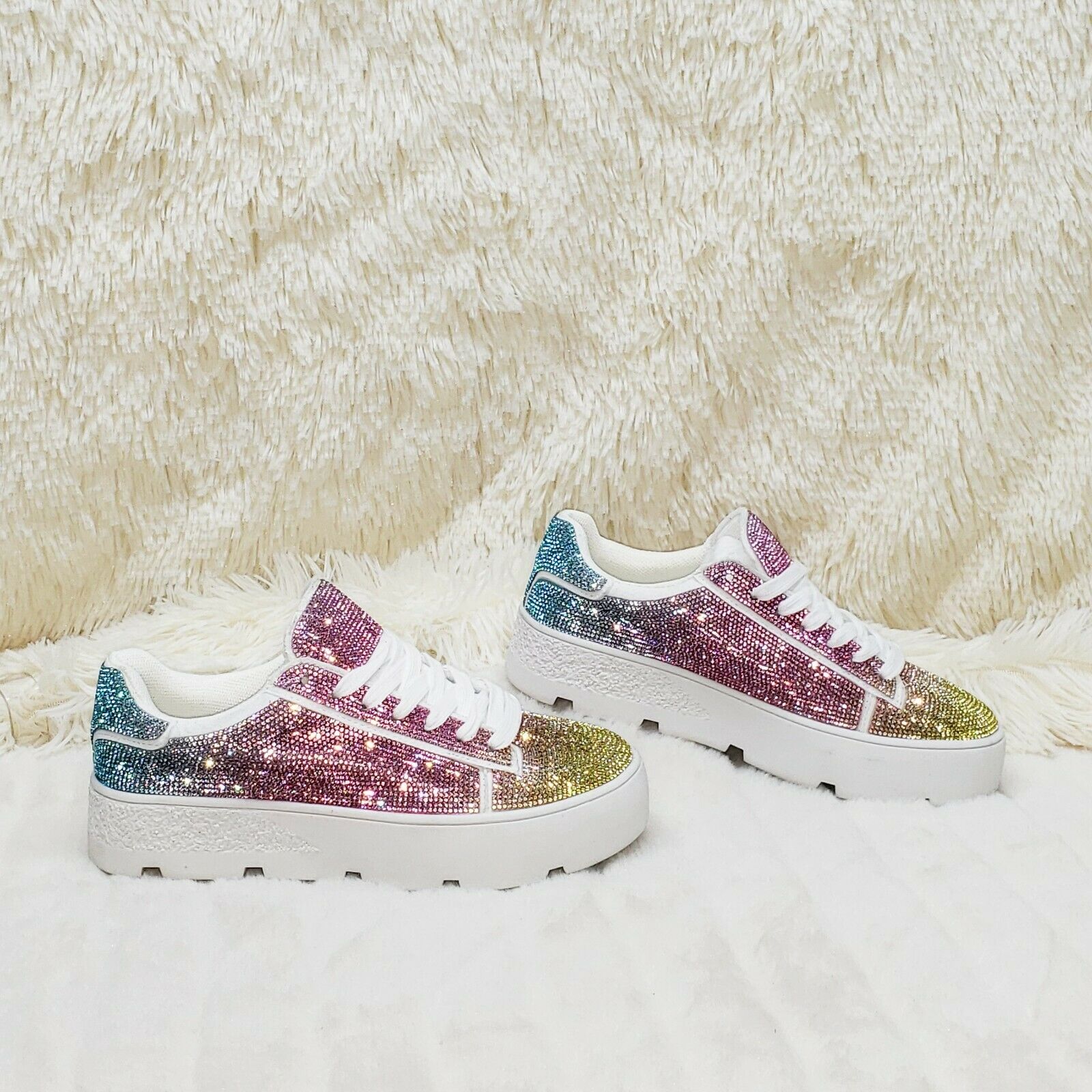 CR Diamond Queen Pastel Ombre Rhinestone Lace Up Platform Bling Sneakers - Totally Wicked Footwear
