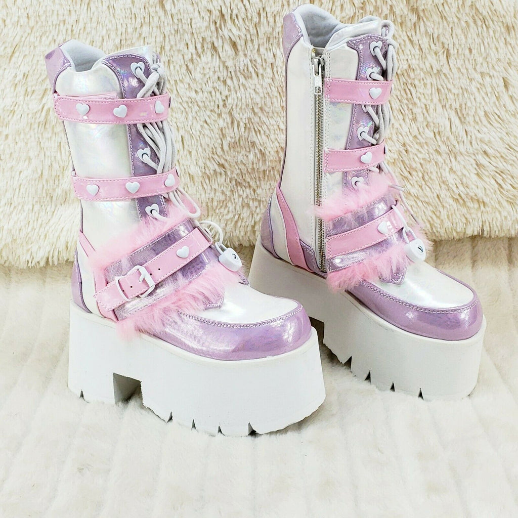 Ashes 120 Pink Faux Fur Trim 3.5" Platform Heel Cosplay Punk Festival Boots NY - Totally Wicked Footwear