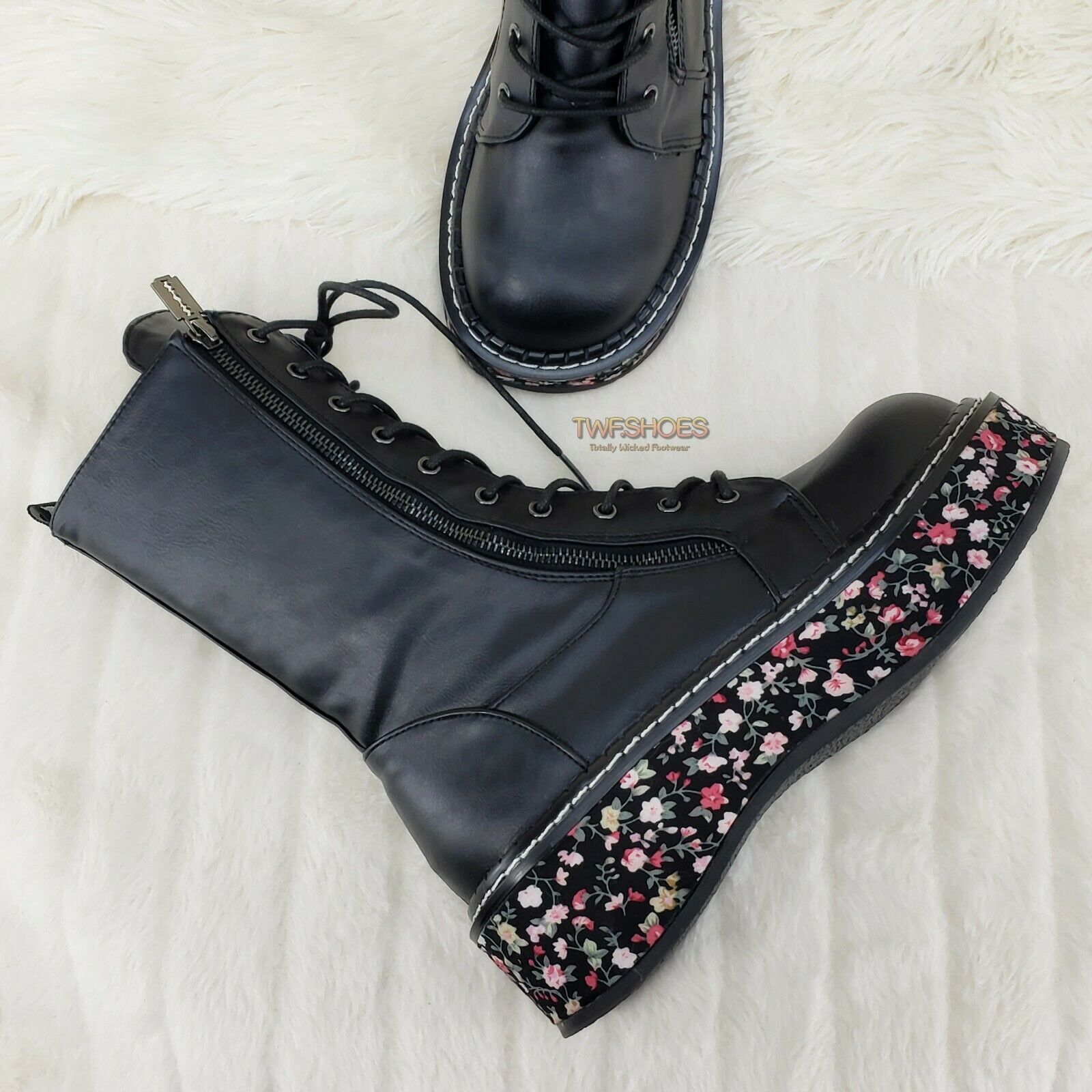 Demonia Emily 350 Black Matte Floral 2" Platform Combat Boots Restocked NY - Totally Wicked Footwear