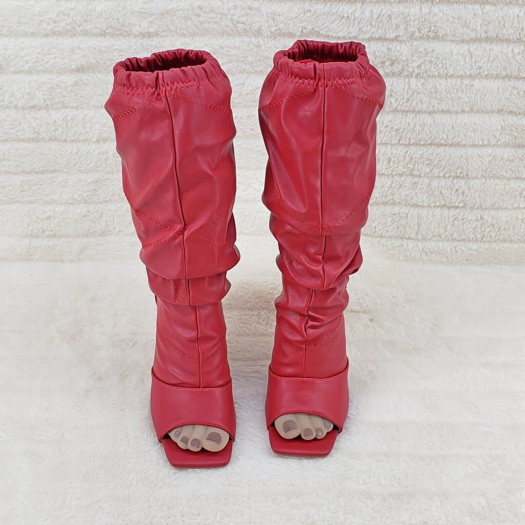 Victoria RED Square toe Mid Calf Adjustable Slouch Scrunch Pull On Boots - Totally Wicked Footwear