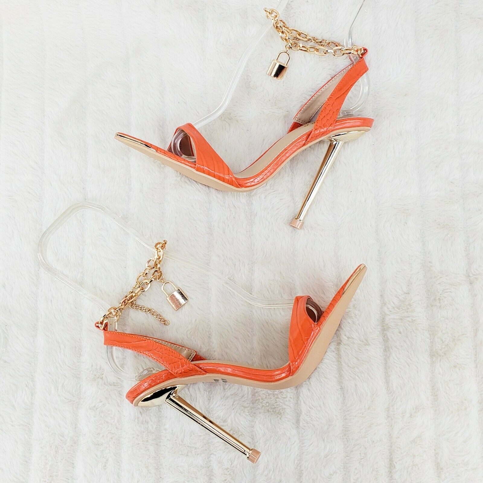 Nicely Pad Lock Chain Strap High Heels Metal Toe Tip Shoes Orange - Totally Wicked Footwear