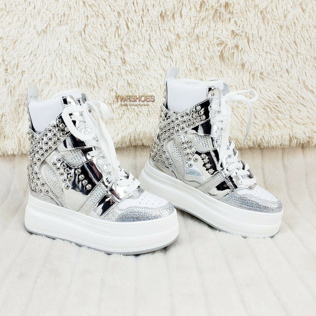 Wang Silver White Platform Sneaker Hidden Wedge Fashion Street Kicks - Totally Wicked Footwear