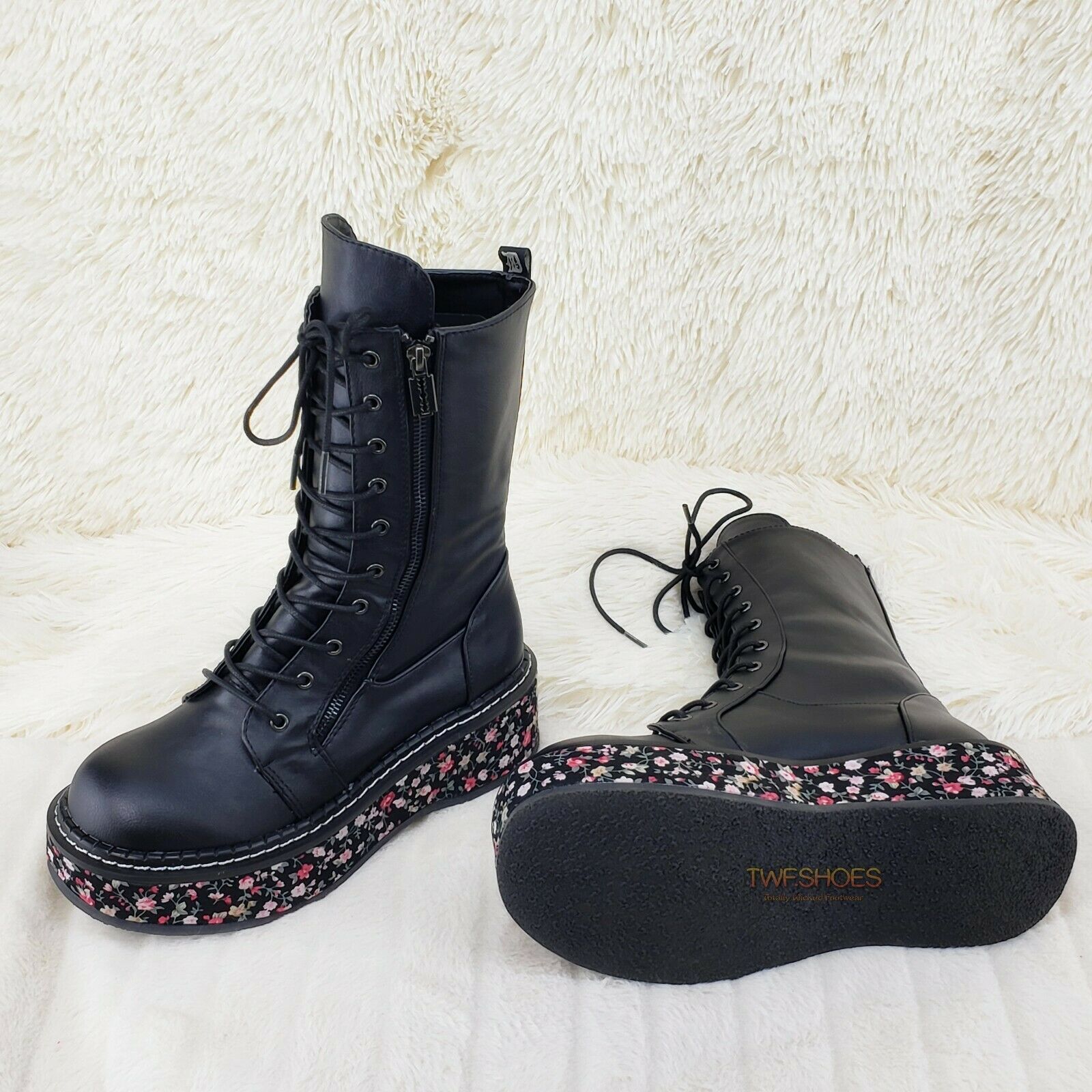 Demonia Emily 350 Black Matte Floral 2" Platform Combat Boots Restocked NY - Totally Wicked Footwear