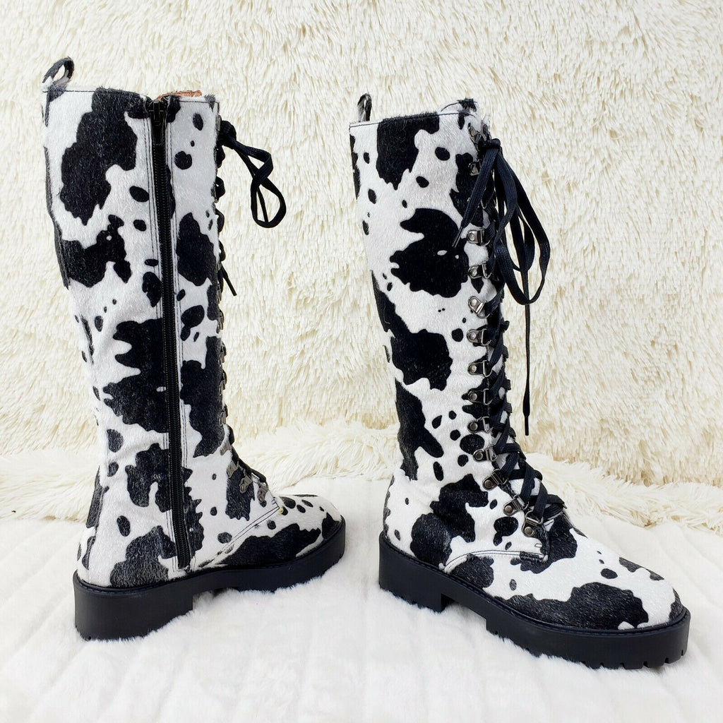 Savage Goth Punk Rock Faux Cow Fur Lace Up Platform Combat Knee Boots - Totally Wicked Footwear