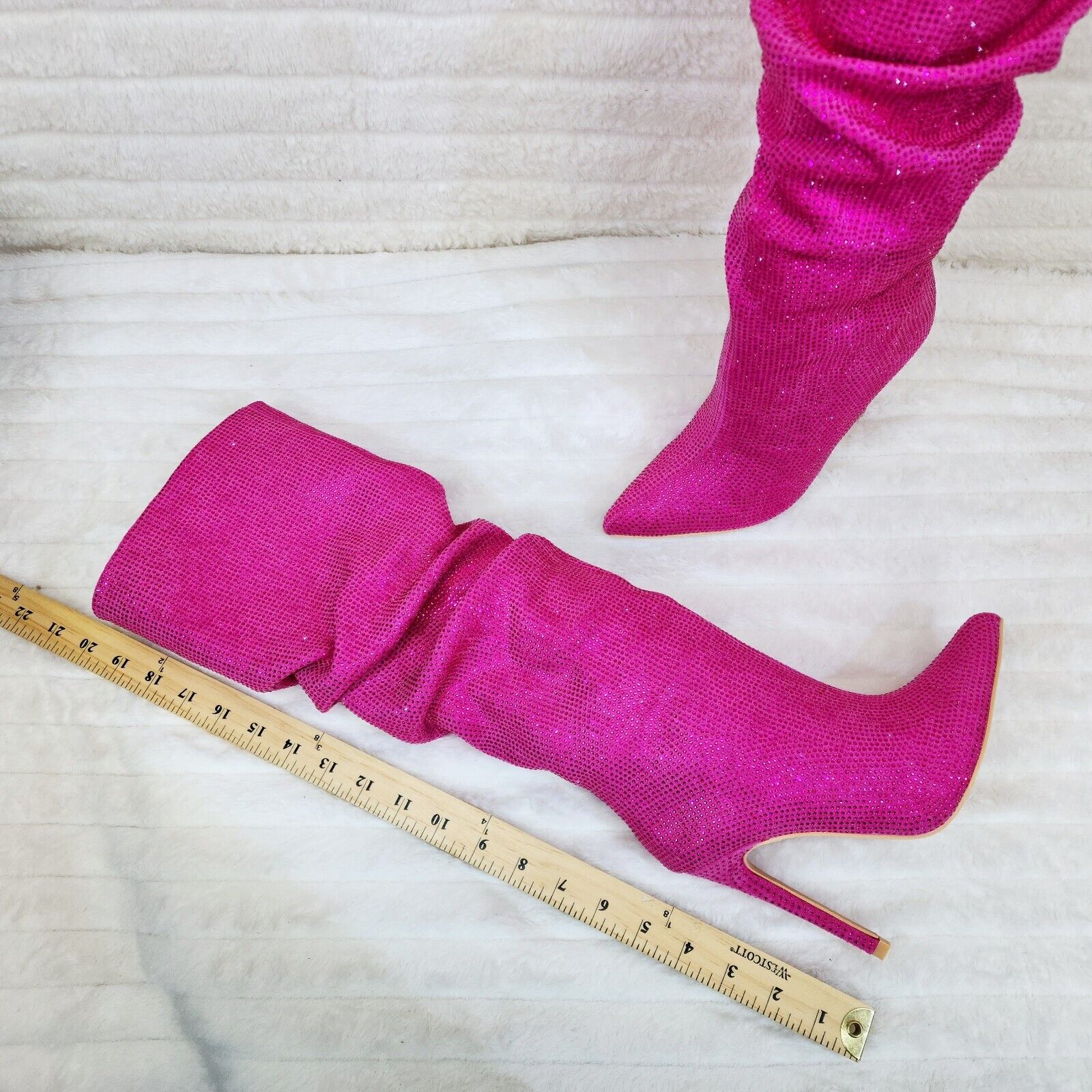 Radiant Fuchsia Pink Rhinestone High Heel Slouch Knee High Boots - Totally Wicked Footwear