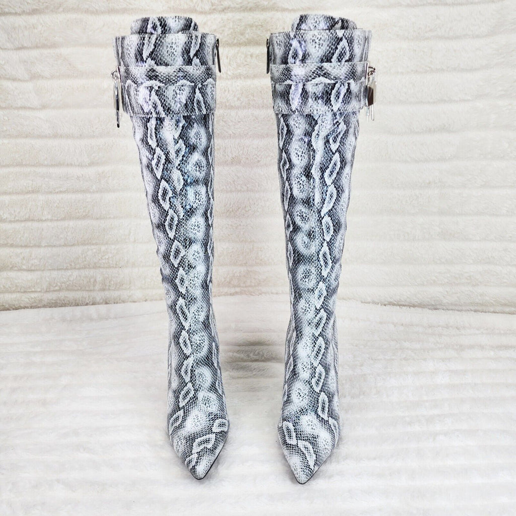 Pearl Snake Print High Heel Knee Boots Pad Lock Brand New - Totally Wicked Footwear