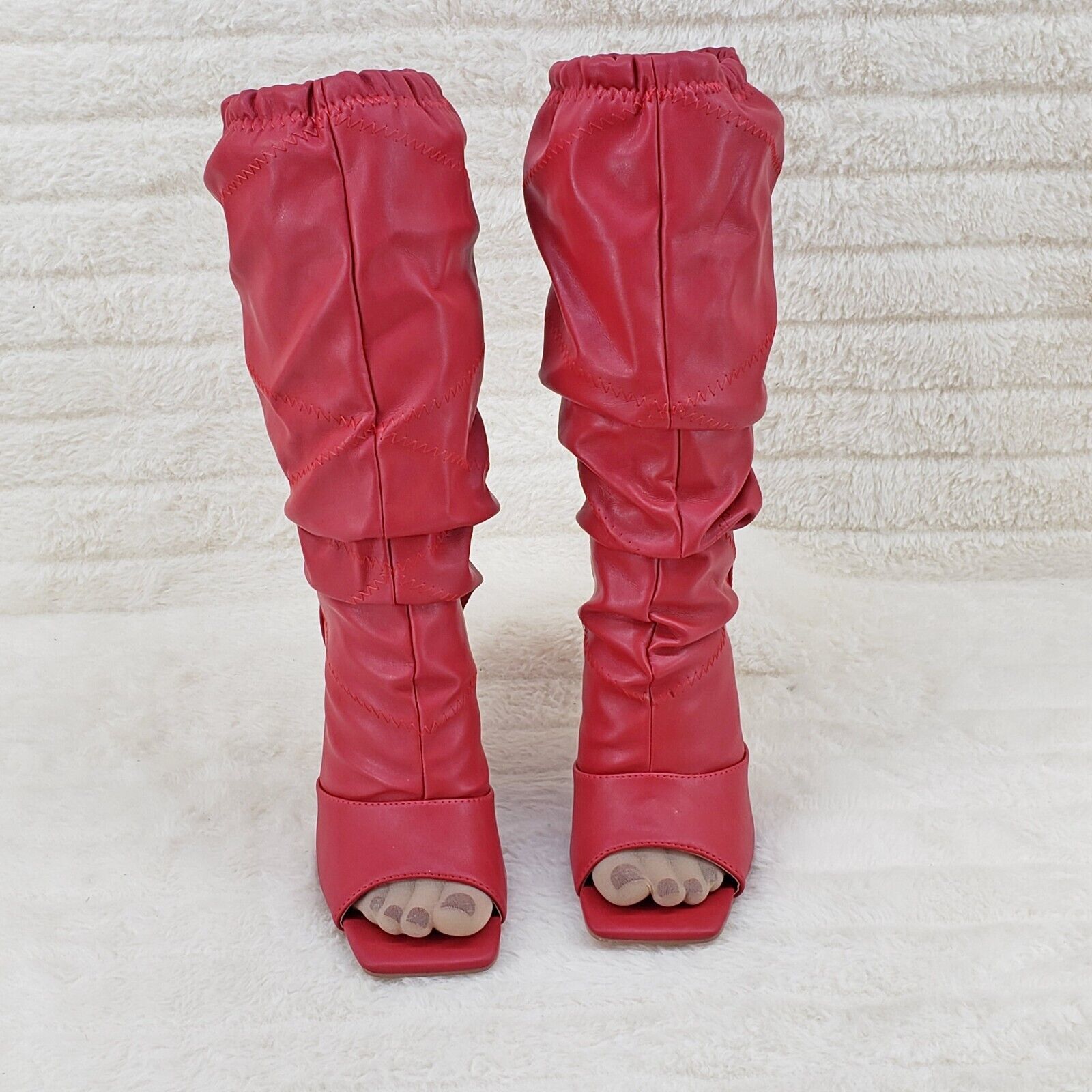 Victoria RED Square toe Mid Calf Adjustable Slouch Scrunch Pull On Boots - Totally Wicked Footwear